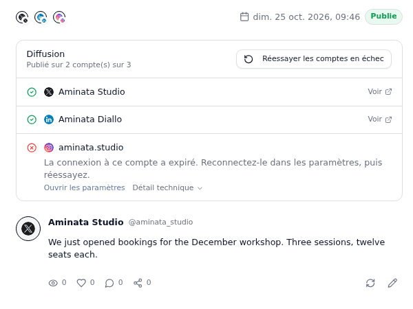 La vue Publications de Senpost : la liste des publications et, pour celle sélectionnée, son statut de diffusion par compte